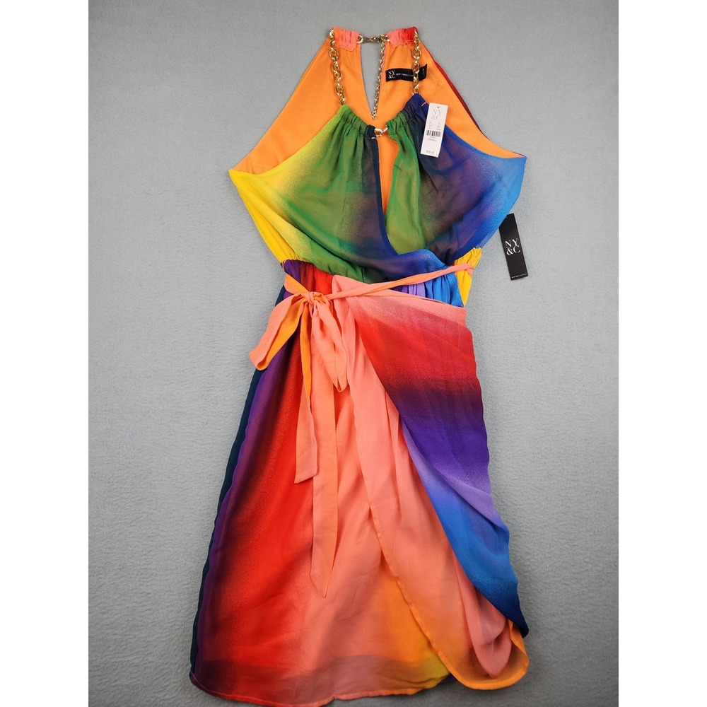 New York & Company Dress Women XS Multicolor Halter Wrap Chiffon NWT Knee Length